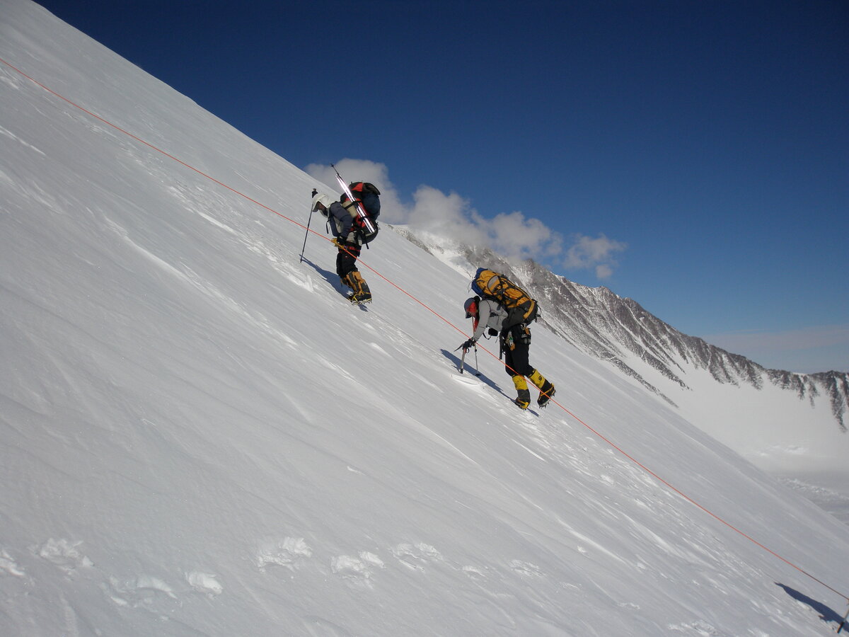 Climbing 45 degree snow on the fixed lines