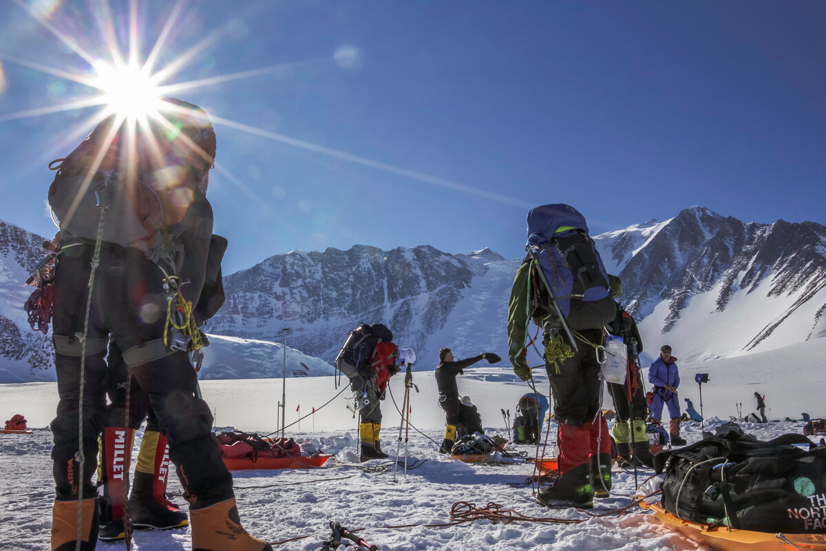 Climbers prepare to depart Vinson Base Camp