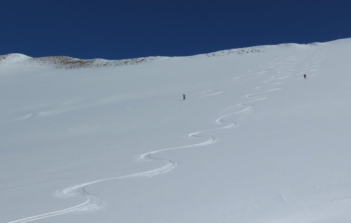 Skiers carve parallel tracks
